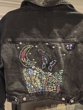 Washed Black Embroidered Denim Jacket with Colorful Butterfly & Moon Motif